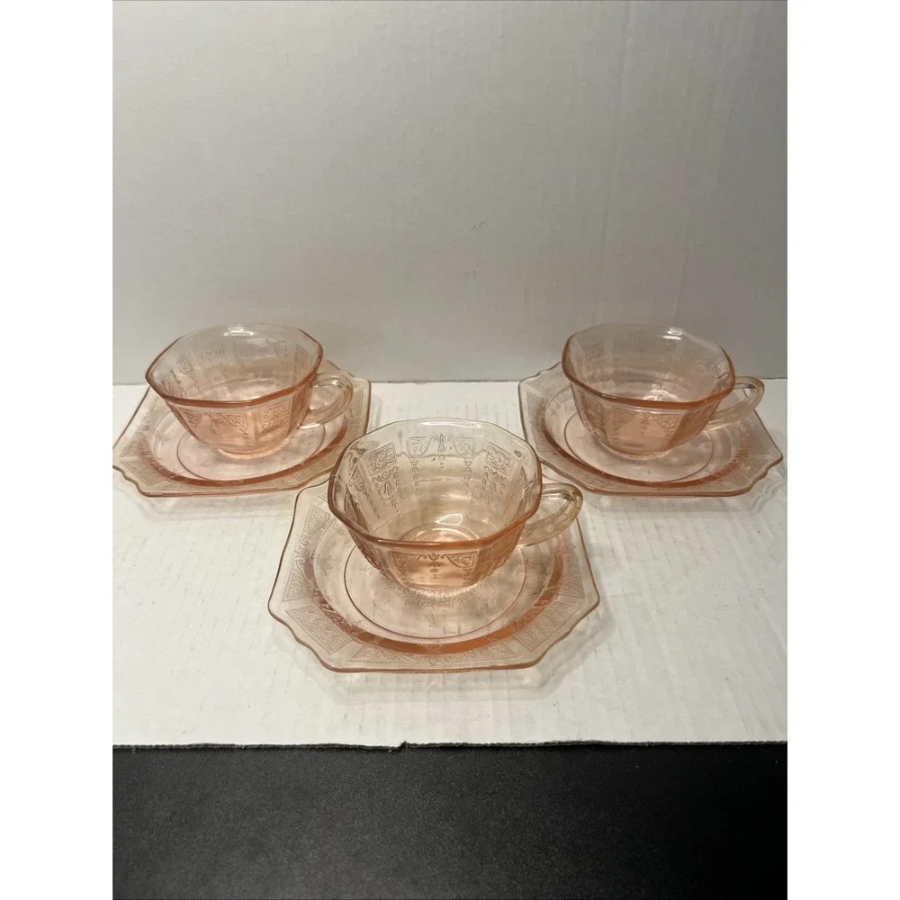 JEANETTE DEPRESSION GLASS PINK CUPS & SAUCERS 6 Piece